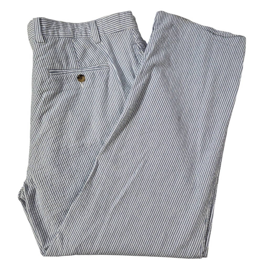 Alan Flusser Dress Pants Men 40x30(29) Blue Seersucker Striped Cotton Flat Front